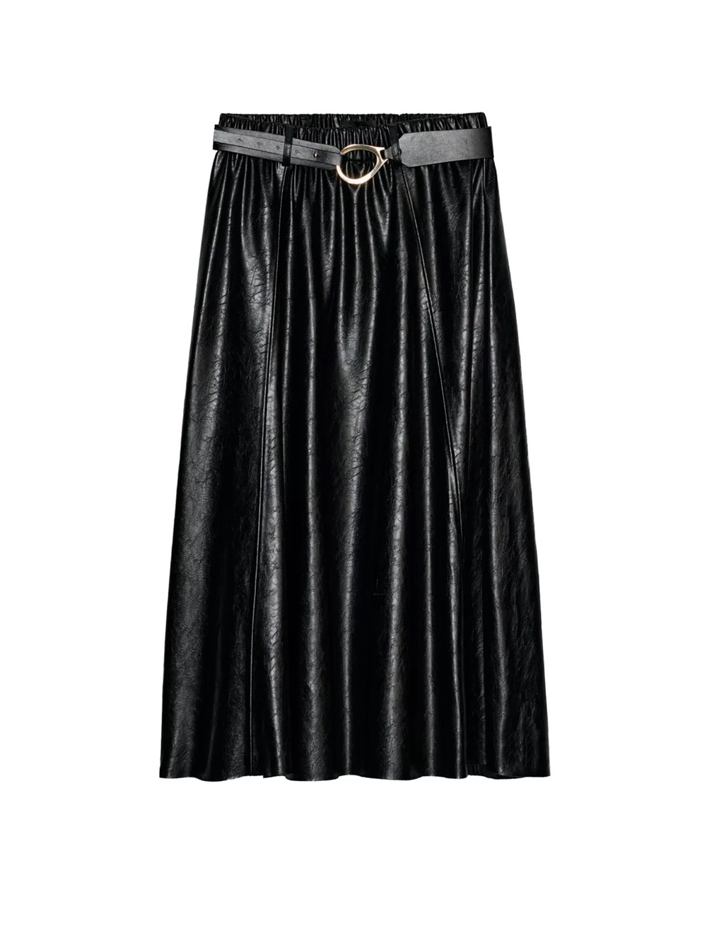 ZARA Black Faux-Leather A-Line Midi Skirt with Belt